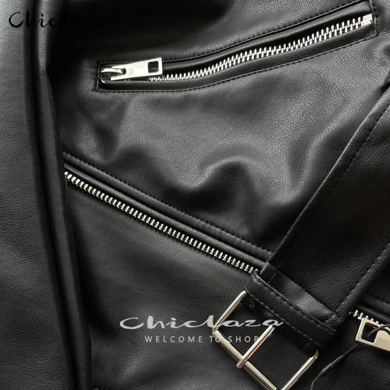 CHICLAZA Women 2022 Spring Fashion Black Faux Leather Jacket Ladies Casual Zipper Biker Coat Female Autumn Loose Couple Outwear
