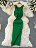 ALPHALMODA 2021 Summer Hollow Out Twisted Back Sleeveless High Slit Sexy Women Knitted Dress Solid Color Feminine Mid-calf Dress