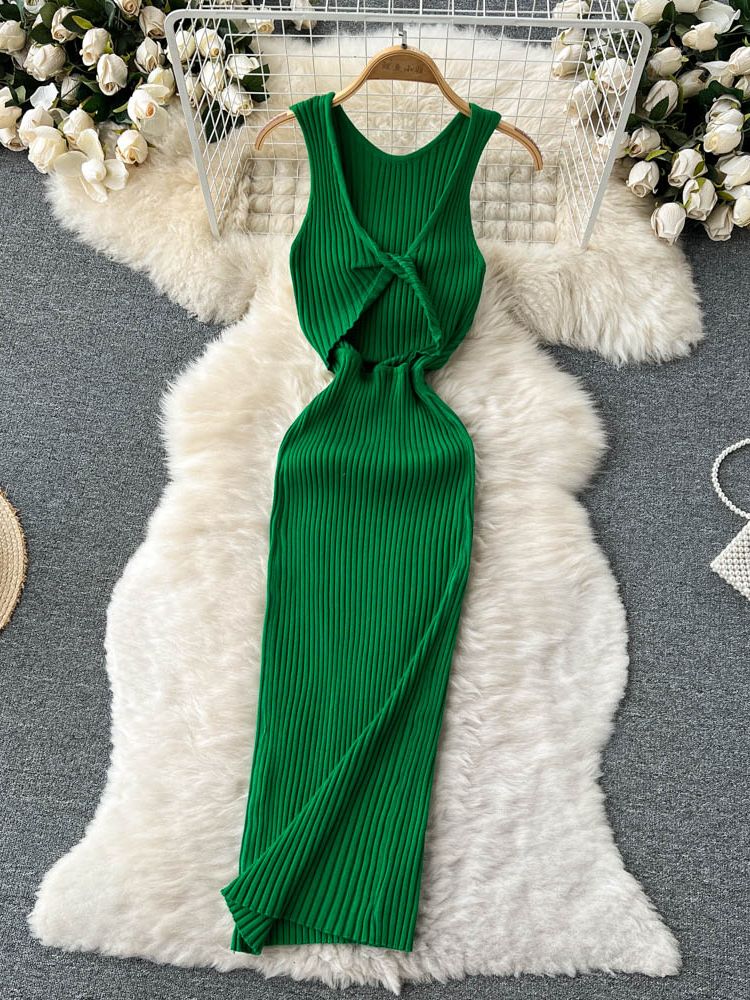 ALPHALMODA 2021 Summer Hollow Out Twisted Back Sleeveless High Slit Sexy Women Knitted Dress Solid Color Feminine Mid-calf Dress