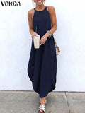 Printed Maxi Dresses VONDA Bohemian Sexy Sleeveless Sundress Women Causal Halter Summer Beach Dress Asymmetric Long Dresses