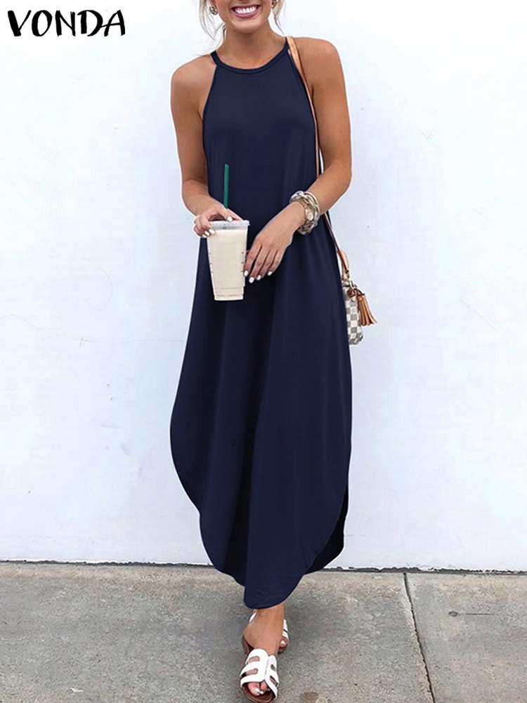 Printed Maxi Dresses VONDA Bohemian Sexy Sleeveless Sundress Women Causal Halter Summer Beach Dress Asymmetric Long Dresses