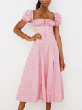 NewAsia Floral Print Dress Sweet Square Neck Puff Sleeve Side Spilt Drawstring Maxi Dresses for Women Party Chic Casual Outfits