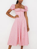 NewAsia Floral Print Dress Sweet Square Neck Puff Sleeve Side Spilt Drawstring Maxi Dresses for Women Party Chic Casual Outfits