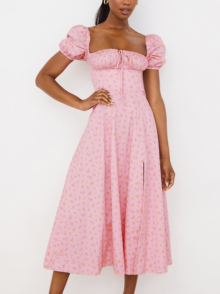 NewAsia Floral Print Dress Sweet Square Neck Puff Sleeve Side Spilt Drawstring Maxi Dresses for Women Party Chic Casual Outfits