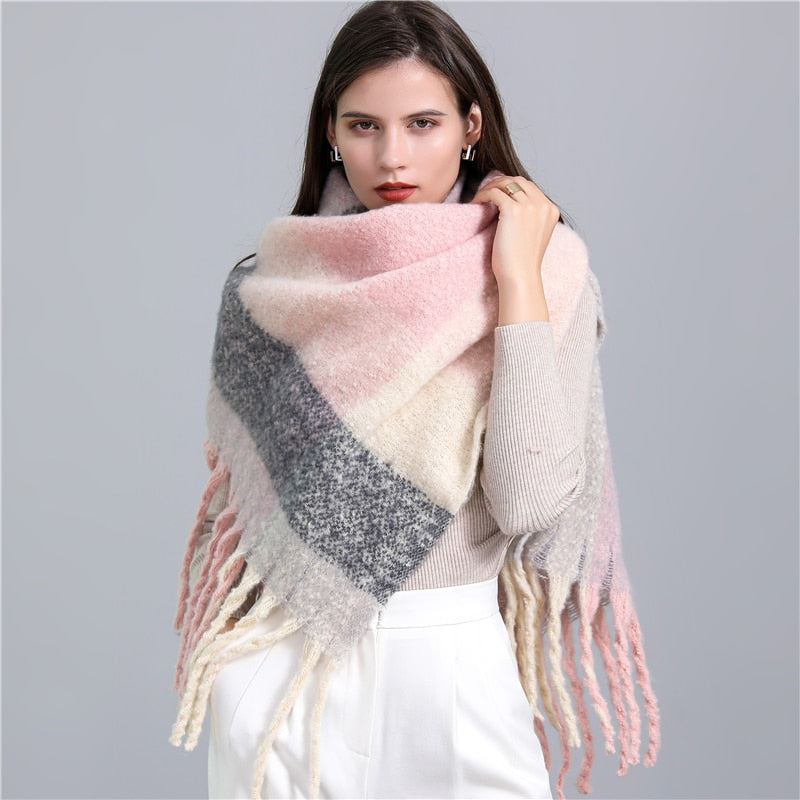 2022 New Women Plaid Scarf Winter Pashmina Shawls Cashmere Thick Wraps Lady Tassel Warm Scarves Rainbow Hairy Bufanda