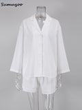 Sumuyoo Summer White 100% Cotton Shorts Suits Women 2022 Long Sleeve Casual Top Sets Wide Leg Shorts Sets 2 Pieces Outfits