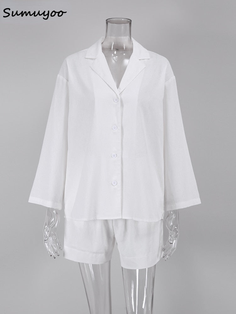Sumuyoo Summer White 100% Cotton Shorts Suits Women 2022 Long Sleeve Casual Top Sets Wide Leg Shorts Sets 2 Pieces Outfits