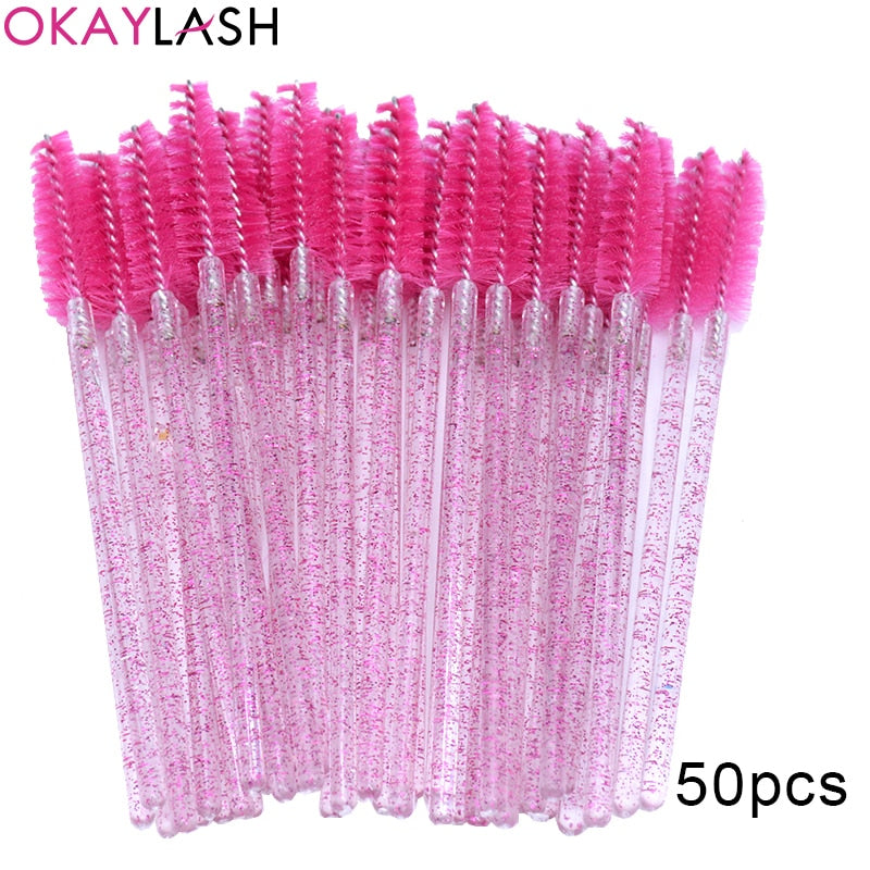 OKAYLASH 50Pcs Disposable Micro Glitter Eyelash Mascara Wands Mini Crystal Eye Lashes Brush Comb Pink White Spoolies
