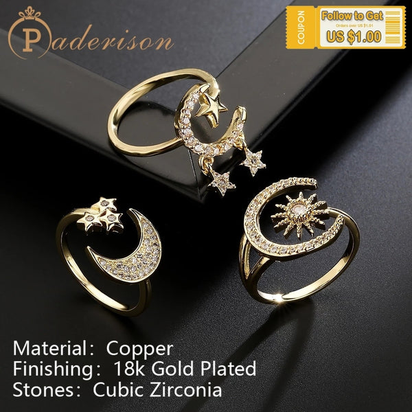 Fashion Classic Sun Moon Star  Rhinestone Rings For Women Open Adjustable Zircon Copper 18K Gold-Plating Geometric Rings