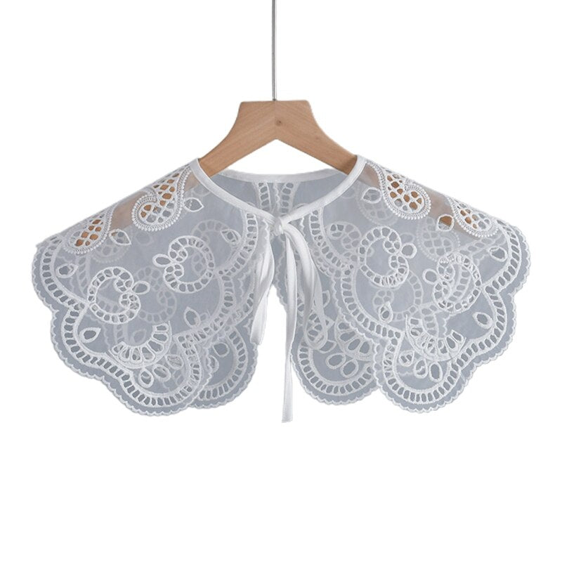 Royal Style Cotton Fake Collar Shawl Wrap Hollow Out Floral Lace Ruffled Trim Necklace Pointed Triangle Lapel Blouse