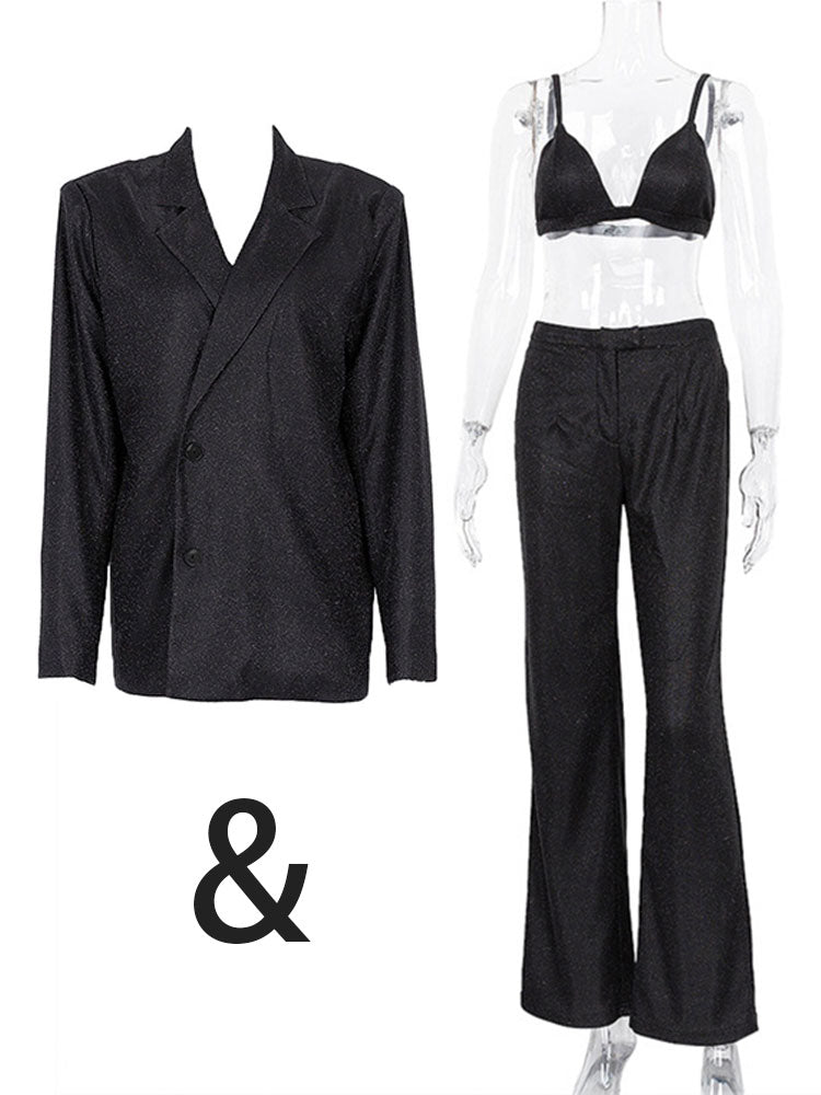 Tossy Glitter Silver Party Two Piece Pants Set Women Club Night Outfits Fashion Sparkly Blazer Matching Sets Femme Tracksuit