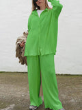 Ladies Shirt Suits Pleated Notched Single-Breasted Female Cardigan Two-Piece Loose Shirts and High-Waist Wide-Leg Pants Sets