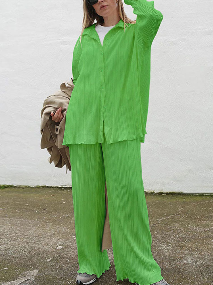 Ladies Shirt Suits Pleated Notched Single-Breasted Female Cardigan Two-Piece Loose Shirts and High-Waist Wide-Leg Pants Sets