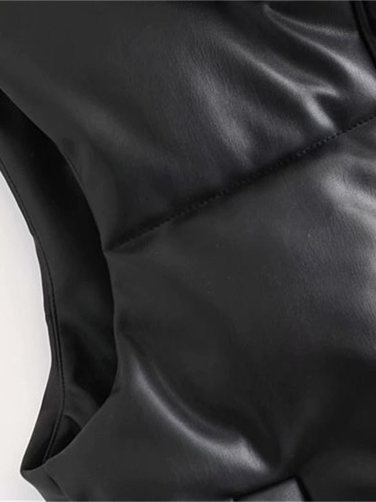 TRAF Women 2021 Fashion Leather Cotton Pocket Padded Waistcoat Vintage Sleeveless Female Outerwear Streetwear
