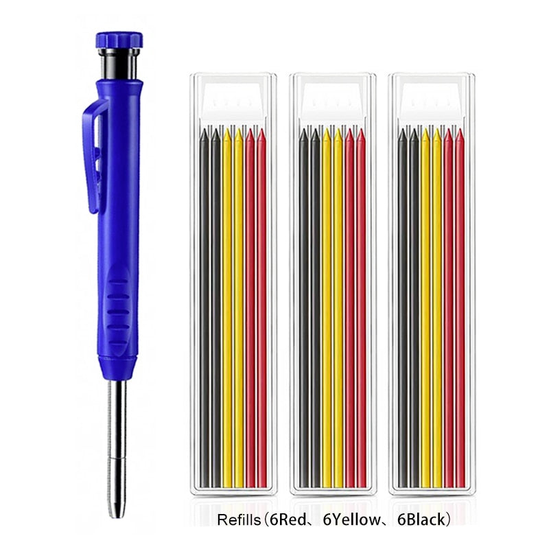 Solid Carpenter Pencil with Refill Leads and Built-in Sharpener for Deep Hole Mechanical Pencil Marker Marking Woodworking Tools