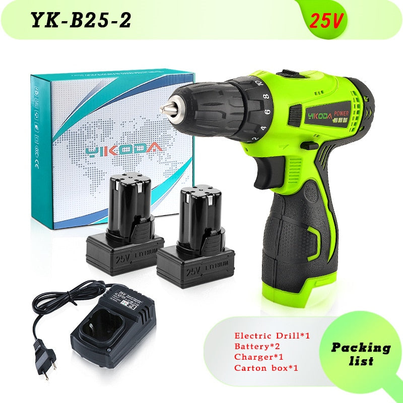 YIKODA 12V 16.8V 21V 25V Electric Screwdriver Cordless Drill Rechargeable Lithium Battery Mini Wireless Power Driver Tools