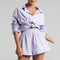 Women Casual Tracksuit Shorts Set Summer Long Sleeve Shirt Tops And Mini Drawstring Shorts Suit Lounge Wear Two Piece Set