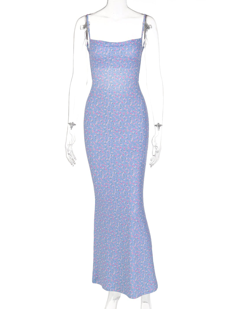 Hugcitar Flower Print Slip Sleeveless Backless Slim Sexy Maxi Dress 2022 Spring Women Elegant Streetwear Party Clothing Concise