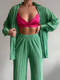Casual Women&#39;s Shirt Pleated Two Piece Set Green Loose High Waist Wide Leg Pants Suit 2022 Elegant Office Ladies Female Outfits
