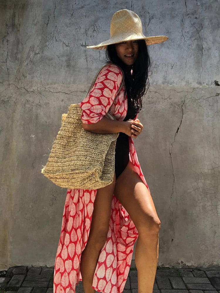 Fitshinling Summer Vintage Kimono Swimwear Halo Dyeing Beach Cover Up With Sashes Oversized Long Cardigan Holiday Sexy Covers