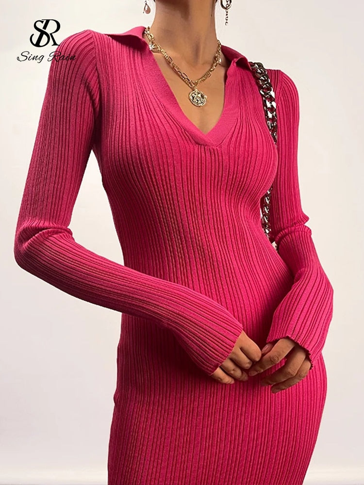 SINGREINY Women Korean Knitted Dress Long Sleeve V Neck Elastic Slim Pencil Dresses 2021 Autumn Sexy Bodycon Split Sweater Dress