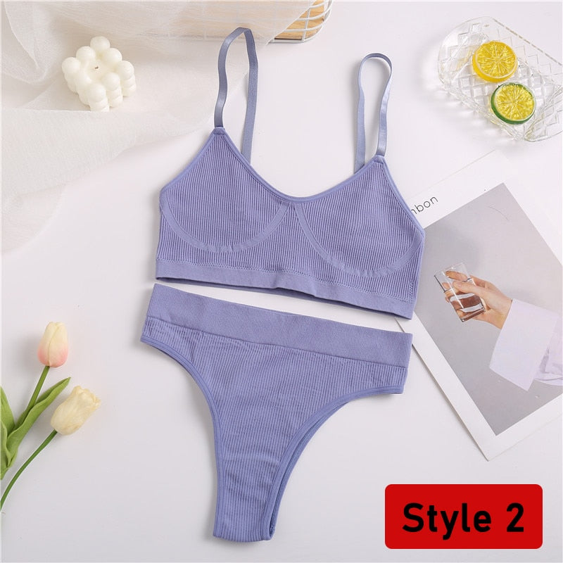 2PCS/Set Women Seamless Bra Panties Set Sexy Stretch Sport Bra Thong Briefs Style Panty Bralette Crop Top Intimates Lingerie Set
