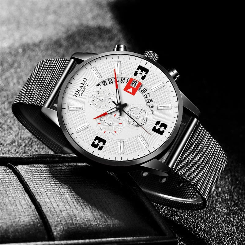 2022 Watches Mens Fashion Calendar Watch Men Business Stainless Steel Mesh Belt Quartz Wrist Watch Male Clock relogio masculino