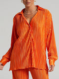 Ladies Shirt Suits Pleated Notched Single-Breasted Female Cardigan Two-Piece Loose Shirts and High-Waist Wide-Leg Pants Sets