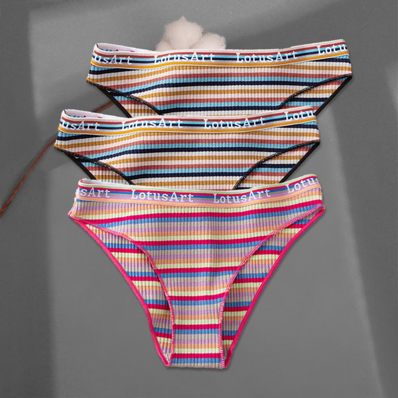 FINETOO 3Pcs/Set Colorful Stripes Panties Women&