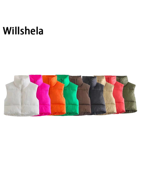 Willshela Women Fashion High Neck Cropped Waistcoat Puff Vest Casual Woman Sleeveless Jacket Chic Lady Winter Warm Outfits