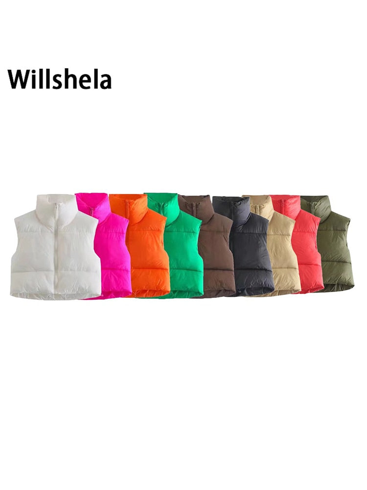 Willshela Women Fashion High Neck Cropped Waistcoat Puff Vest Casual Woman Sleeveless Jacket Chic Lady Winter Warm Outfits