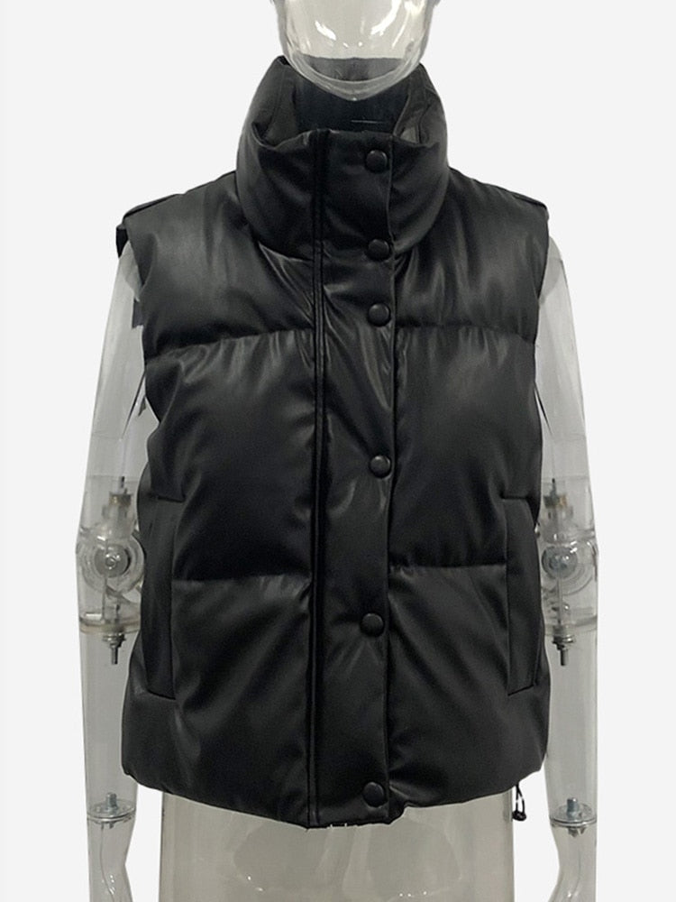 Elina Black Stand Collar Vests Women Fashion Zipper PU Leather Coats Women Elegant Autumn Winter Short Vests Female Ladies IAC