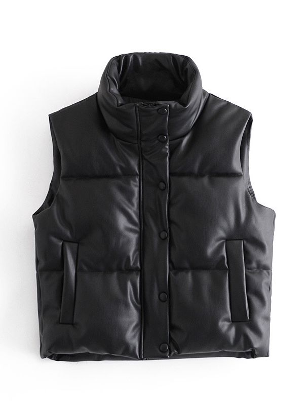 Womens Puffy Vest Down Vest Black Pu Leather Vest Woman Jacket Coat Autumn Winter Outwear Puffer Vest Female  Sleeveless Jacket