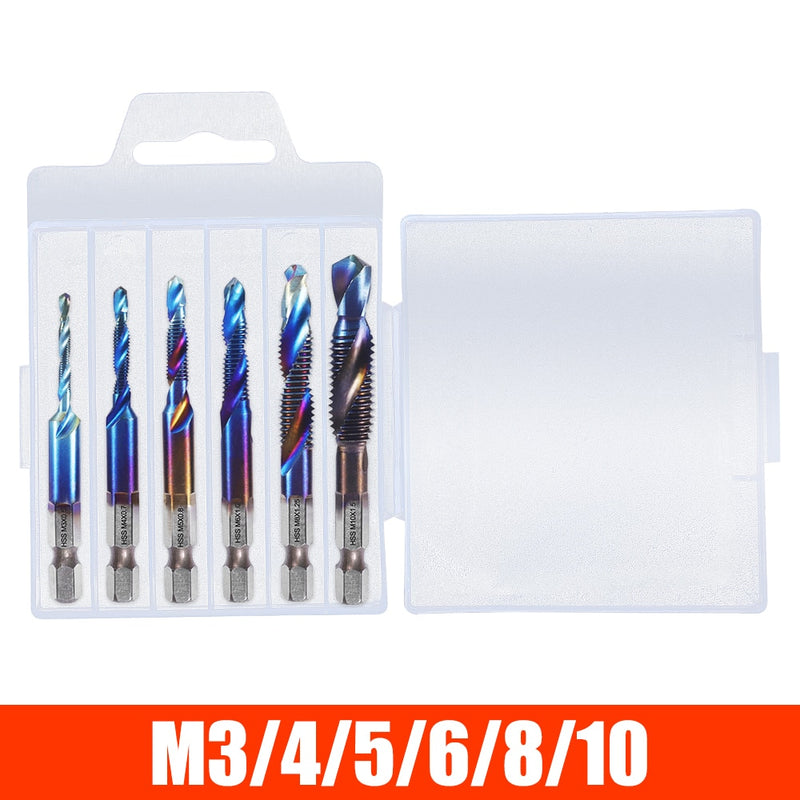 M3 M4 M5 M6 M8 M10 Tap Drill Titanium Plated Hex Shank HSS Screw Machine Compound Hand Tools Metric Thread Tap Drill Bits Set