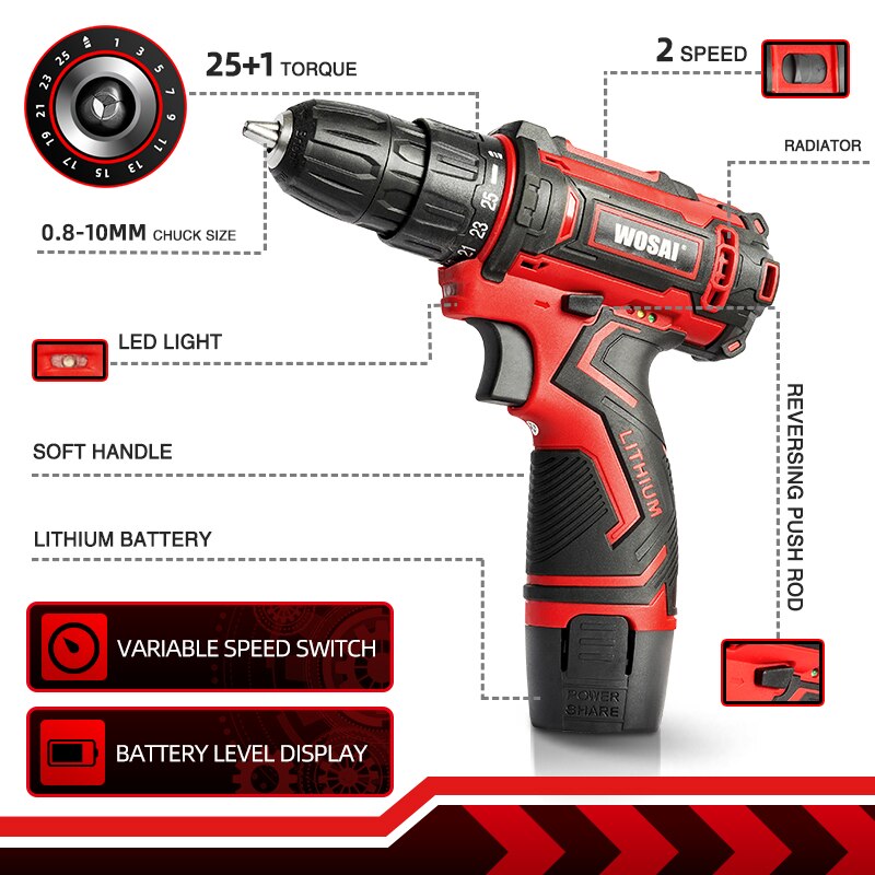 WOSAI 12V Max Electric Screwdriver Cordless Drill Mini Wireless Power Driver DC Lithium-Ion Battery 3/8-Inch 2-Speed