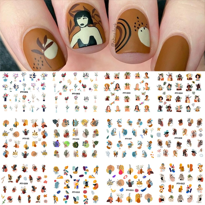 12 Designs Nail Stickers Set Mixed Floral Geometric Nail Art Water Transfer Decals Sliders Flower Leaves Manicures Decoration