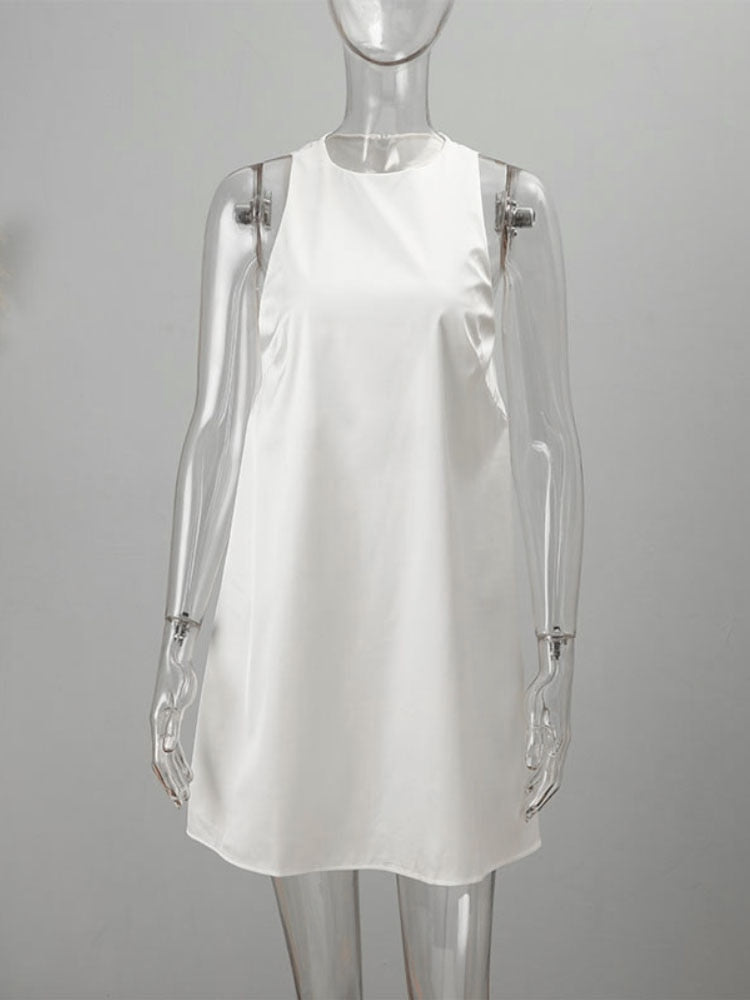 2022 Summer Women Stain Vest Dress Solid O-neck Sleeveless Party Club Mini Dress Large Swing Casual Loose Sundress Vestidos