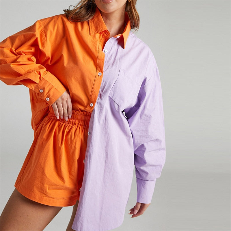 Women Casual Tracksuit Shorts Set Summer Long Sleeve Shirt Tops And Mini Drawstring Shorts Suit Lounge Wear Two Piece Set
