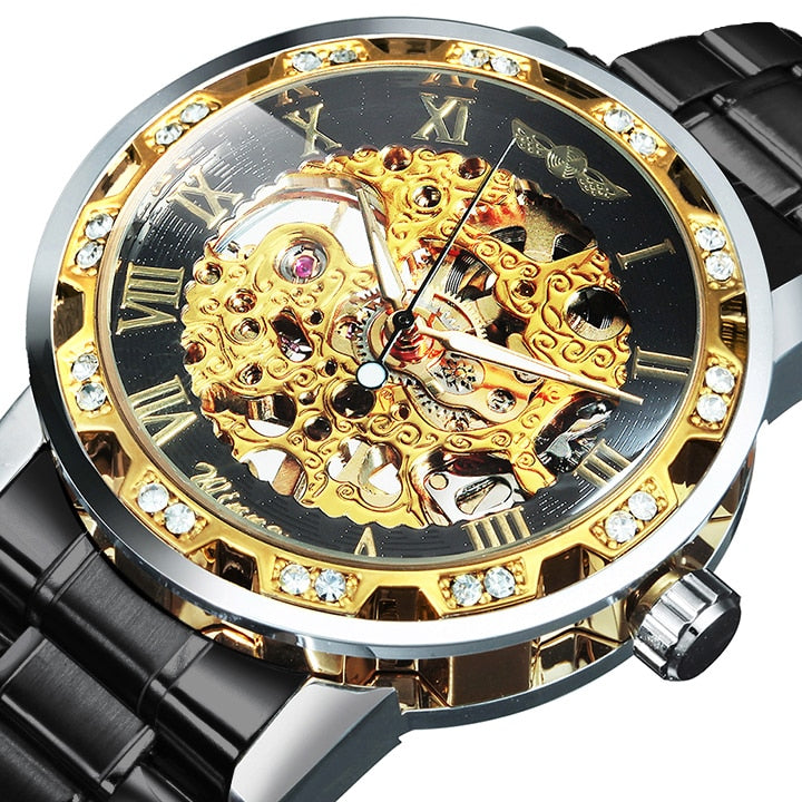 WINNER Transparent Skeleton Watch for Men Mechanical Wristwatches Diamond Watches Mens Luxury Stainless Steel Strap Unisex Clock