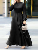 Women's Muslim Party Solid Satin Maxi Dress 2022 Spring Chic Elegant Puff Sleeve Robe Casual Holiday Swing Kaftan OL Dubai Abaya