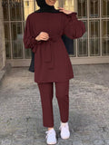 Women Autumn Blouses ZANZEA Fashion Muslim Sets Long Sleeve Turkish Blouses Pants Abaya Solid Islamic Clothing 2PCS Oversized