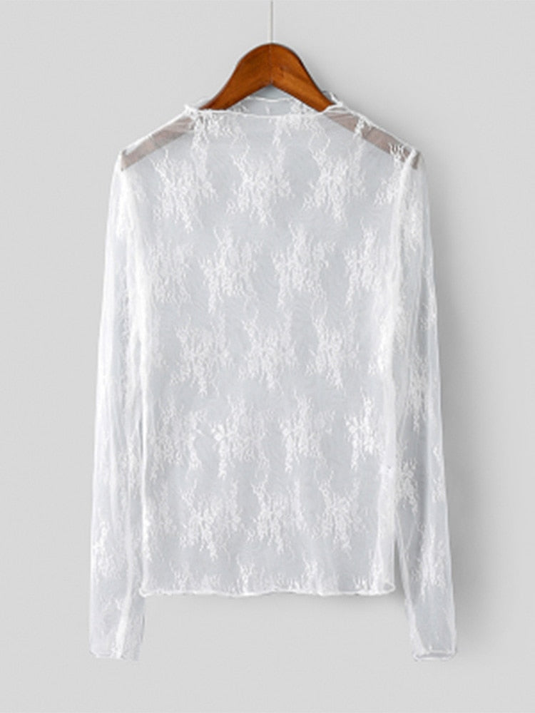 Summer Women Lace Floral Embroidery Blouses Shirt Ladies tops Sexy mesh Blouses Transparent Elegant See-through Black Shirt