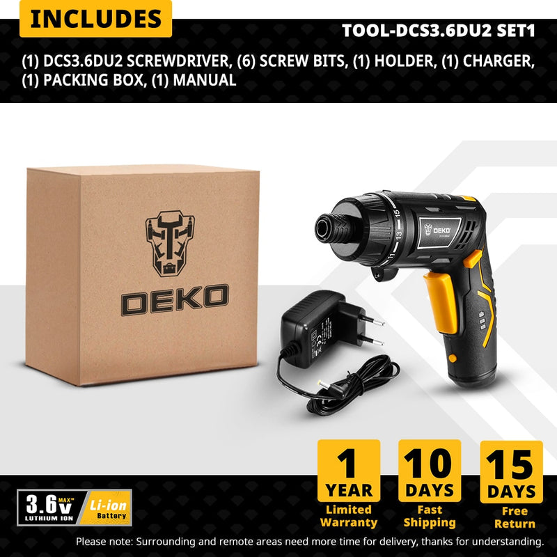 DEKO DKCS3.6O1/DCS3.6DU2 Electric Cordless Screwdriver  Keyless Chuck Charging Battery