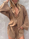 Women Casual Tracksuit Shorts Set Summer Long Sleeve Shirt Tops And Mini Drawstring Shorts Suit Lounge Wear Two Piece Set