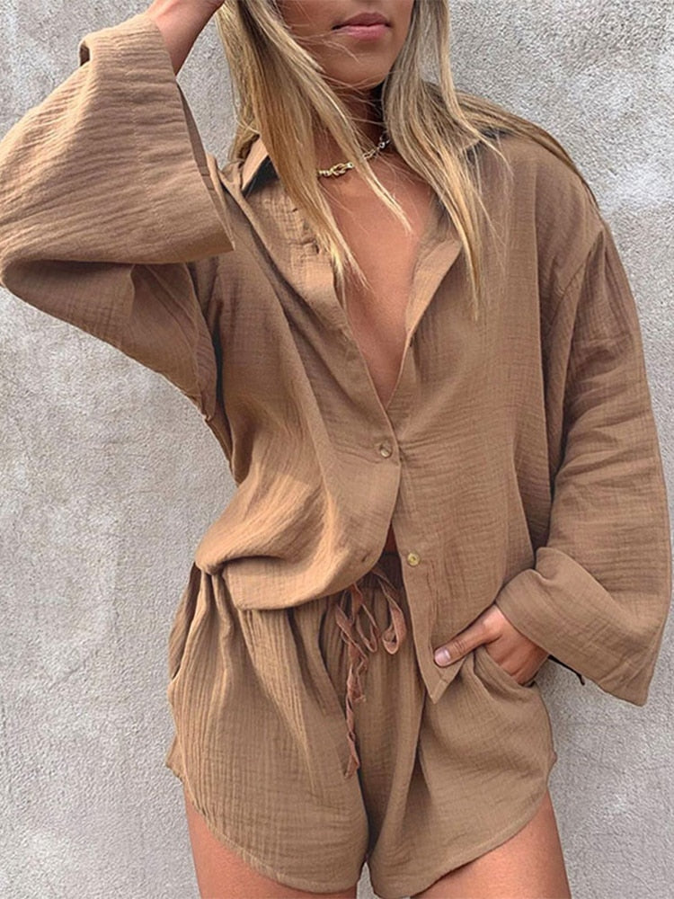 Women Casual Tracksuit Shorts Set Summer Long Sleeve Shirt Tops And Mini Drawstring Shorts Suit Lounge Wear Two Piece Set