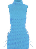 Kliou Stunning Stacked Mini Dress Women Sexy Solid Mock Neck Sleeveless Draw String Bodycon Party Clubwear Elegant Female Skirt
