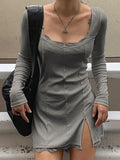 Darlingaga Square Neck Lace Patchwork Bodycon Black Dress Women Elegant Cotton Fashion Side Split Autumn Dress Mini Ladies Basic