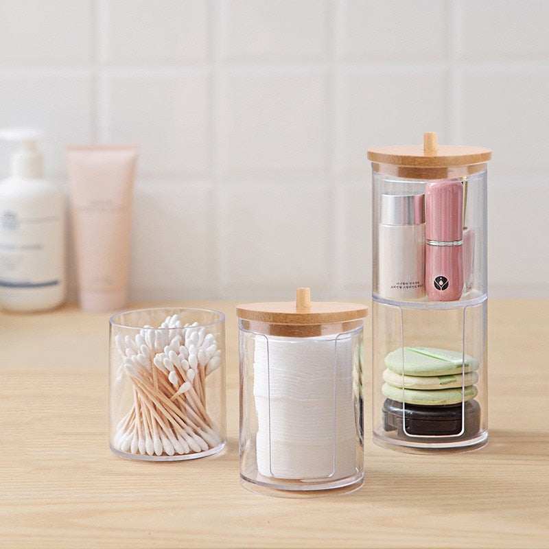 Acrylic Makeup Organizer Cotton Pad Storage Box For Cotton Swabs Rod Cosmetics Jewelry Organizer with Bamboo Lid Repacking Boxes