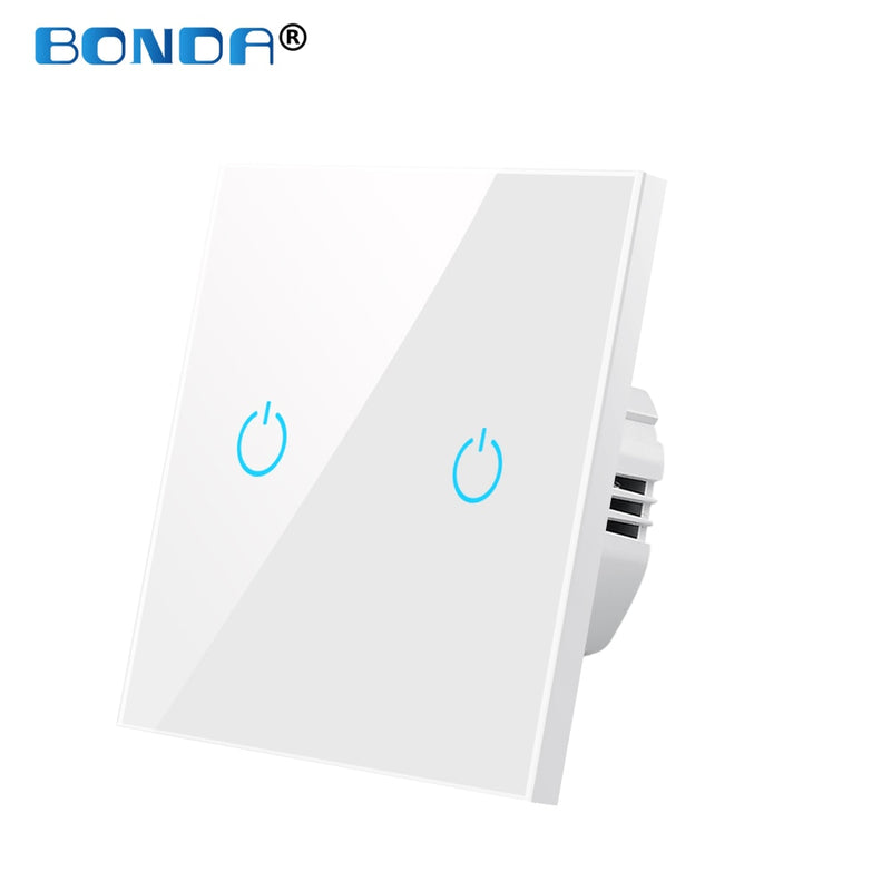 BONDA Wall Touch Switch 220V EU Standard Tempered Crystal Glass Panel Power 1/2/3 Gang 1 Way Light Sensor Switches Waterproof