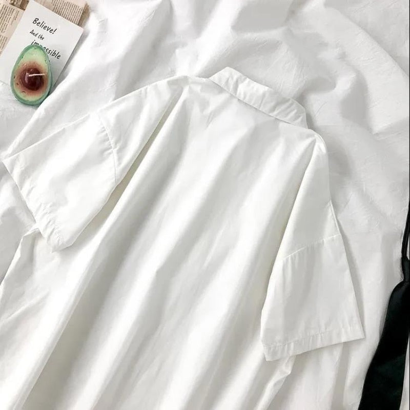 DAYIFUN White Shirts Women with Tie Japanese Style Preppy Students BF Oversized Blouse Simple Solid Loose Summer Top  L3204